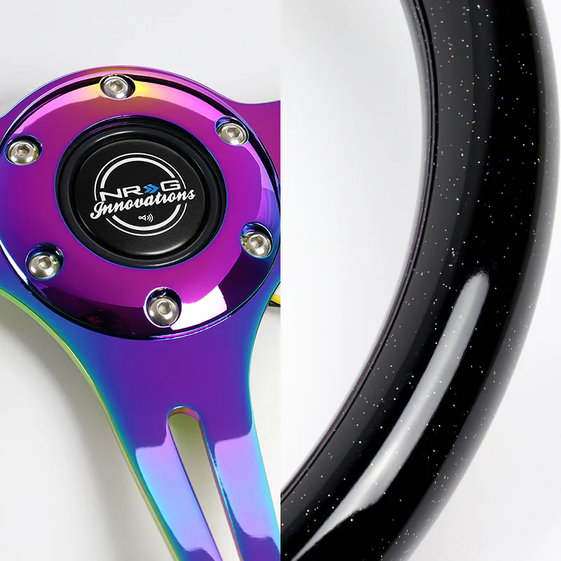 NRG 14" 350mm 6-Bolt Hole Black Sparkled Wood Grain Grip Aluminum Finished 3-Spoke Steering Wheel ST-015MC-BSB -Neo Chrome Spoke - Image 3