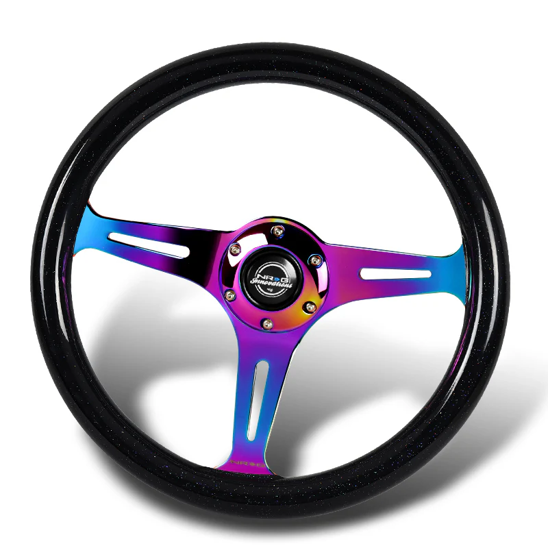 NRG 14" 350mm 6-Bolt Hole Black Sparkled Wood Grain Grip Aluminum Finished 3-Spoke Steering Wheel ST-015MC-BSB -Neo Chrome Spoke - Image 4