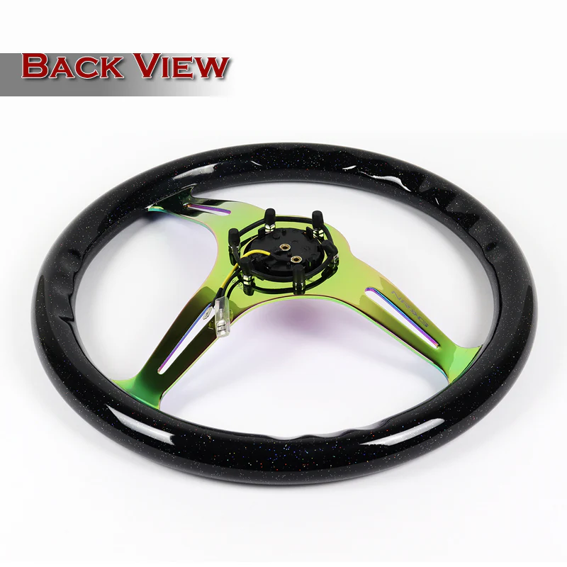 NRG 14" 350mm 6-Bolt Hole Black Sparkled Wood Grain Grip Aluminum Finished 3-Spoke Steering Wheel ST-015MC-BSB -Neo Chrome Spoke - Image 5