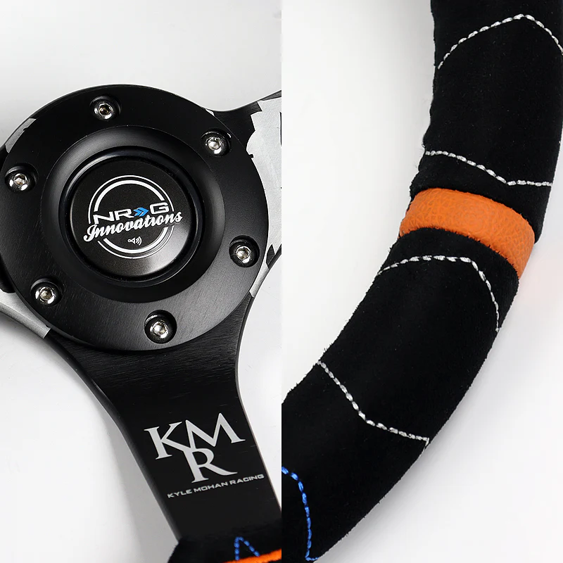 NRG 14" 350mm 6-Bolt Hole Black Suede With Color Stitch Grip Aluminum Finished Black 3-Spoke 3 Inch Deep Dish Racing Steering Wheel RST-036MB-S-KMR  -Kyle Mohan Edition - Image 3