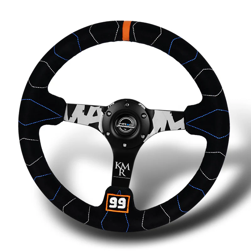 NRG 14" 350mm 6-Bolt Hole Black Suede With Color Stitch Grip Aluminum Finished Black 3-Spoke 3 Inch Deep Dish Racing Steering Wheel RST-036MB-S-KMR  -Kyle Mohan Edition - Image 4