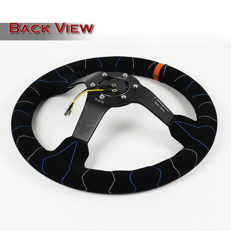 NRG 14" 350mm 6-Bolt Hole Black Suede With Color Stitch Grip Aluminum Finished Black 3-Spoke 3 Inch Deep Dish Racing Steering Wheel RST-036MB-S-KMR  -Kyle Mohan Edition - Image 5