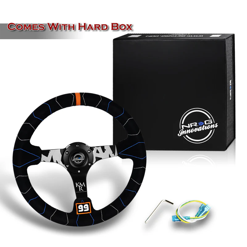 NRG 14" 350mm 6-Bolt Hole Black Suede With Color Stitch Grip Aluminum Finished Black 3-Spoke 3 Inch Deep Dish Racing Steering Wheel RST-036MB-S-KMR  -Kyle Mohan Edition - Image 6
