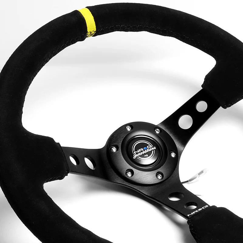 NRG 14" 350mm 6-Bolt Hole Black Suede Yellow Stripe Grip With Aluminum Finished 3-Spoke 3.5 Inches Deep Dish Racing Steering Wheel RST-006S-Y -Black Center - Image 3