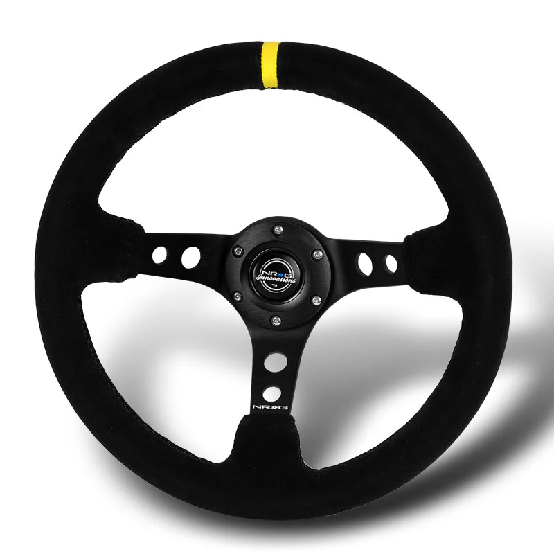 NRG 14" 350mm 6-Bolt Hole Black Suede Yellow Stripe Grip With Aluminum Finished 3-Spoke 3.5 Inches Deep Dish Racing Steering Wheel RST-006S-Y -Black Center - Image 4