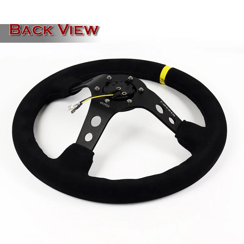 NRG 14" 350mm 6-Bolt Hole Black Suede Yellow Stripe Grip With Aluminum Finished 3-Spoke 3.5 Inches Deep Dish Racing Steering Wheel RST-006S-Y -Black Center - Image 5