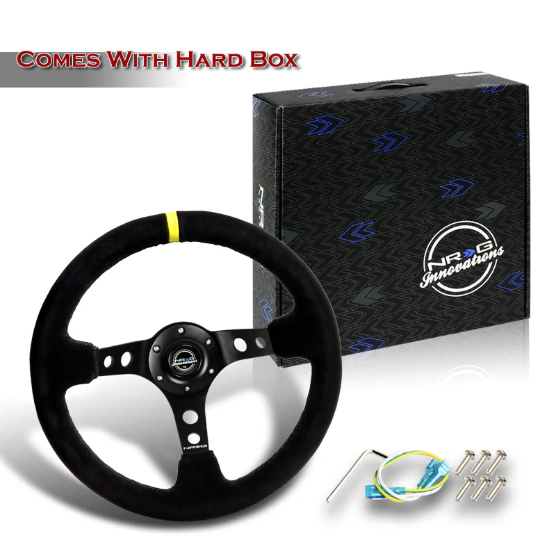 NRG 14" 350mm 6-Bolt Hole Black Suede Yellow Stripe Grip With Aluminum Finished 3-Spoke 3.5 Inches Deep Dish Racing Steering Wheel RST-006S-Y -Black Center - Image 6