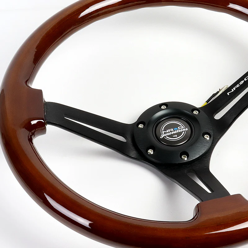 NRG 14" 350mm 6-Bolt Hole Brown Wood Grain Grip With Aluminum Finished 3-Spoke 3 Inch Deep Dish Steering Wheel RST-018BR-BK -Black Spoke - Image 3