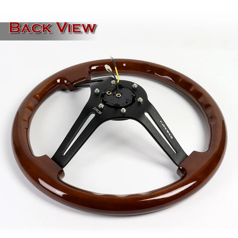 NRG 14" 350mm 6-Bolt Hole Brown Wood Grain Grip With Aluminum Finished 3-Spoke 3 Inch Deep Dish Steering Wheel RST-018BR-BK -Black Spoke - Image 4