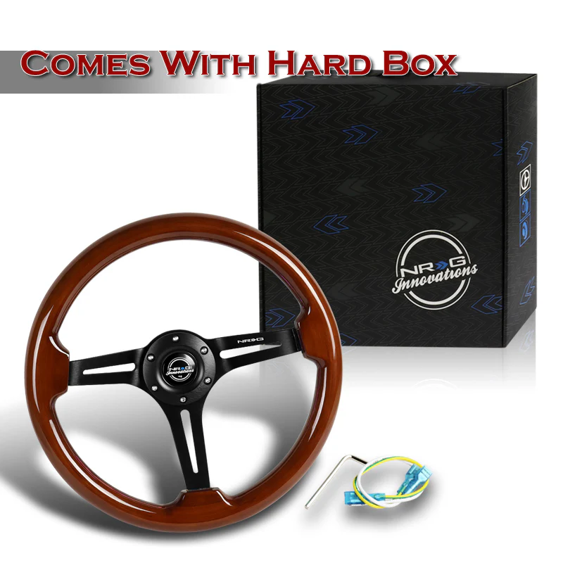 NRG 14" 350mm 6-Bolt Hole Brown Wood Grain Grip With Aluminum Finished 3-Spoke 3 Inch Deep Dish Steering Wheel RST-018BR-BK -Black Spoke - Image 5