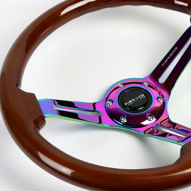 NRG 14" 350mm 6-Bolt Hole Brown Wood Grain Grip With Aluminum Finished 3-Spoke 3 Inch Deep Dish Steering Wheel RST-018BR-MC -Neo Chrome Spoke - Image 3