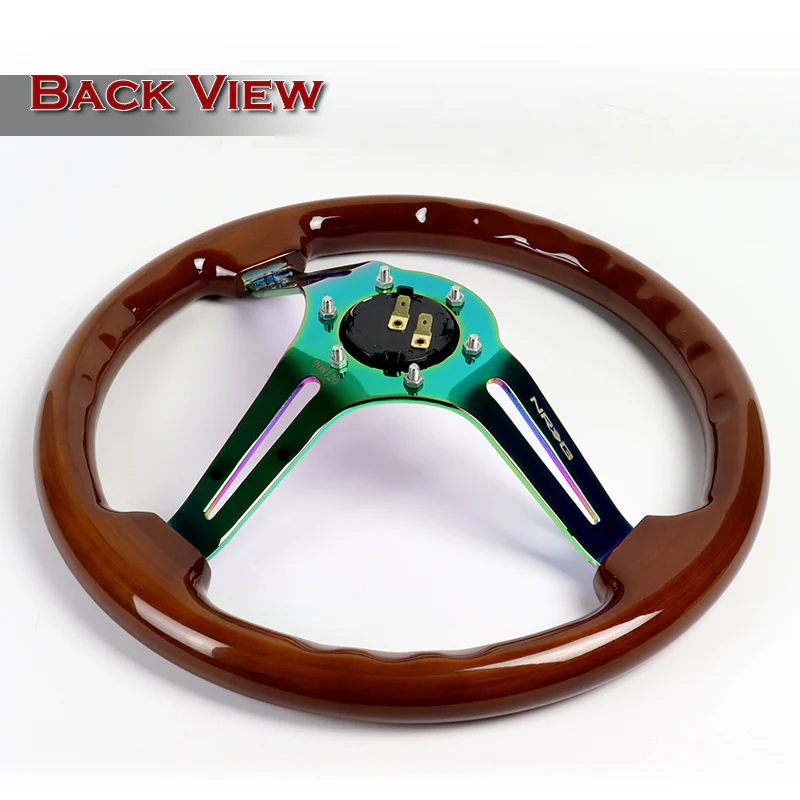 NRG 14" 350mm 6-Bolt Hole Brown Wood Grain Grip With Aluminum Finished 3-Spoke 3 Inch Deep Dish Steering Wheel RST-018BR-MC -Neo Chrome Spoke - Image 4