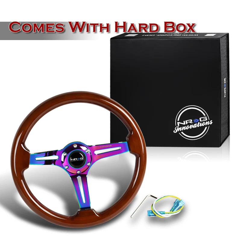 NRG 14" 350mm 6-Bolt Hole Brown Wood Grain Grip With Aluminum Finished 3-Spoke 3 Inch Deep Dish Steering Wheel RST-018BR-MC -Neo Chrome Spoke - Image 5