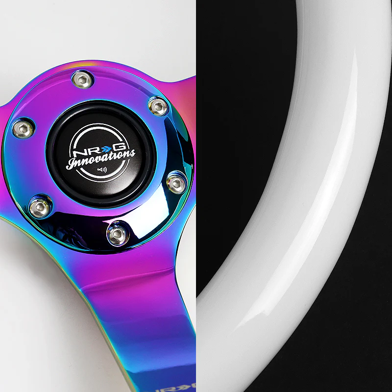 NRG 14" 350mm 6-Bolt Hole Classic White Wood Grip Aluminum Finished 3-Spoke 3 Inch Deep Dish Steering Wheel RST-036WT-MC -Neo Chrome Spoke - Image 3