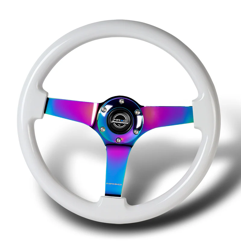 NRG 14" 350mm 6-Bolt Hole Classic White Wood Grip Aluminum Finished 3-Spoke 3 Inch Deep Dish Steering Wheel RST-036WT-MC -Neo Chrome Spoke - Image 4