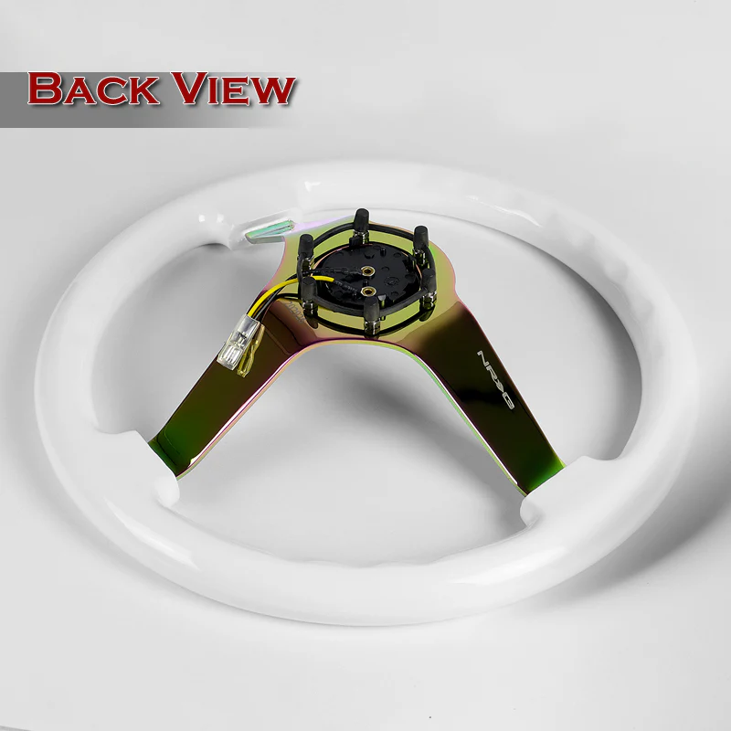 NRG 14" 350mm 6-Bolt Hole Classic White Wood Grip Aluminum Finished 3-Spoke 3 Inch Deep Dish Steering Wheel RST-036WT-MC -Neo Chrome Spoke - Image 5