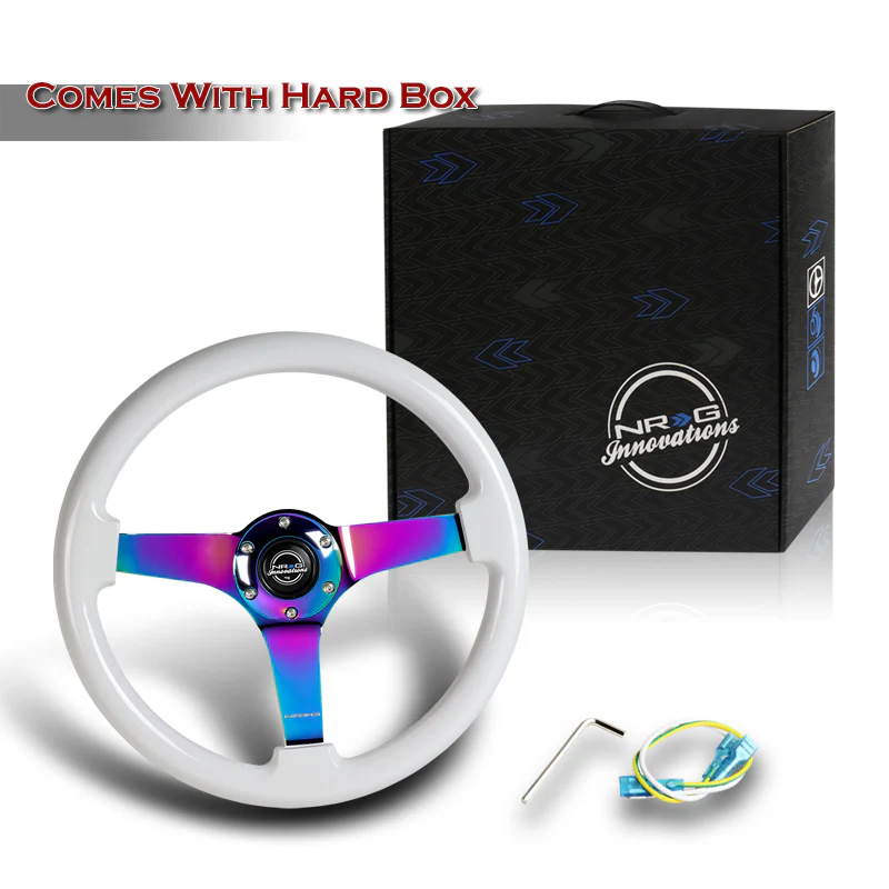 NRG 14" 350mm 6-Bolt Hole Classic White Wood Grip Aluminum Finished 3-Spoke 3 Inch Deep Dish Steering Wheel RST-036WT-MC -Neo Chrome Spoke - Image 6