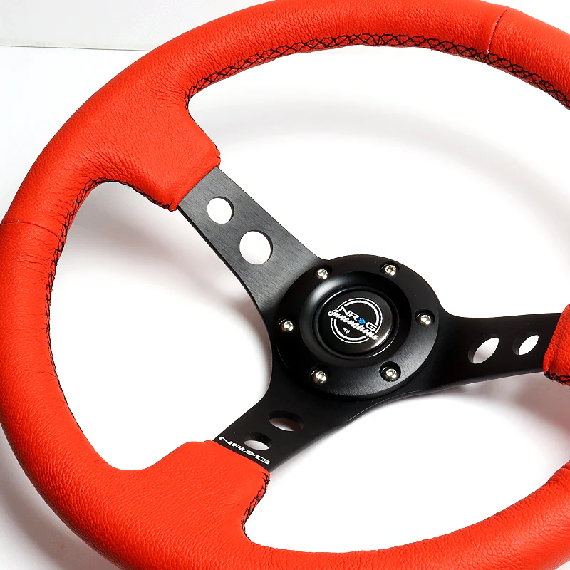 NRG 14" 350mm 6-Bolt Hole Red Leather Grip With Aluminum Finished 3-Spoke 3.5 Inches Deep Dish Racing Steering Wheel RST-006RR-BS -Black Center - Image 3