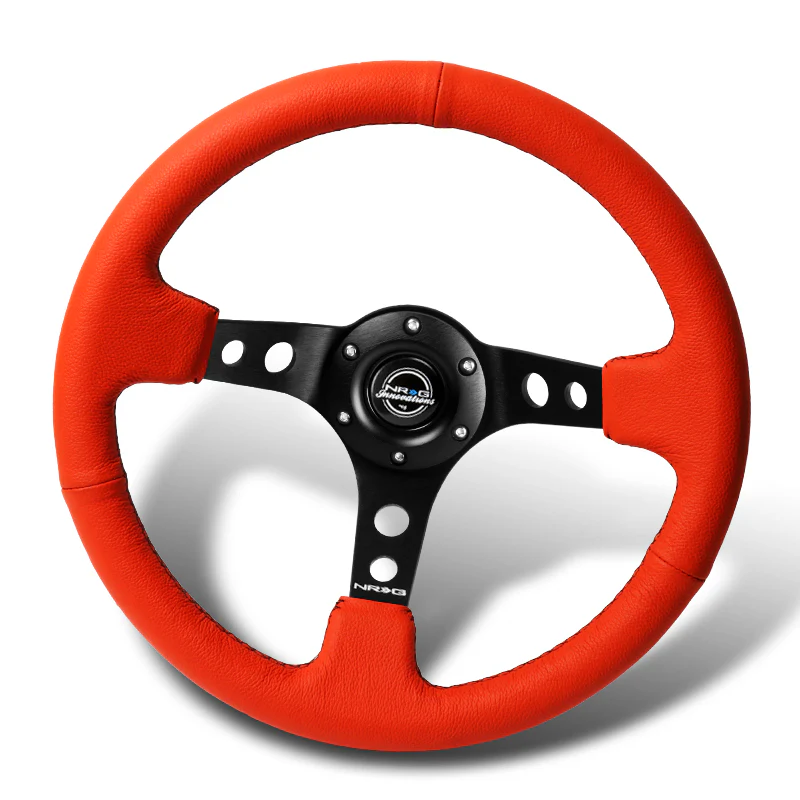 NRG 14" 350mm 6-Bolt Hole Red Leather Grip With Aluminum Finished 3-Spoke 3.5 Inches Deep Dish Racing Steering Wheel RST-006RR-BS -Black Center - Image 4