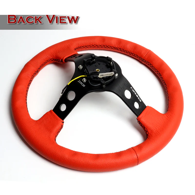 NRG 14" 350mm 6-Bolt Hole Red Leather Grip With Aluminum Finished 3-Spoke 3.5 Inches Deep Dish Racing Steering Wheel RST-006RR-BS -Black Center - Image 5
