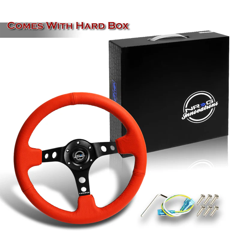 NRG 14" 350mm 6-Bolt Hole Red Leather Grip With Aluminum Finished 3-Spoke 3.5 Inches Deep Dish Racing Steering Wheel RST-006RR-BS -Black Center - Image 6