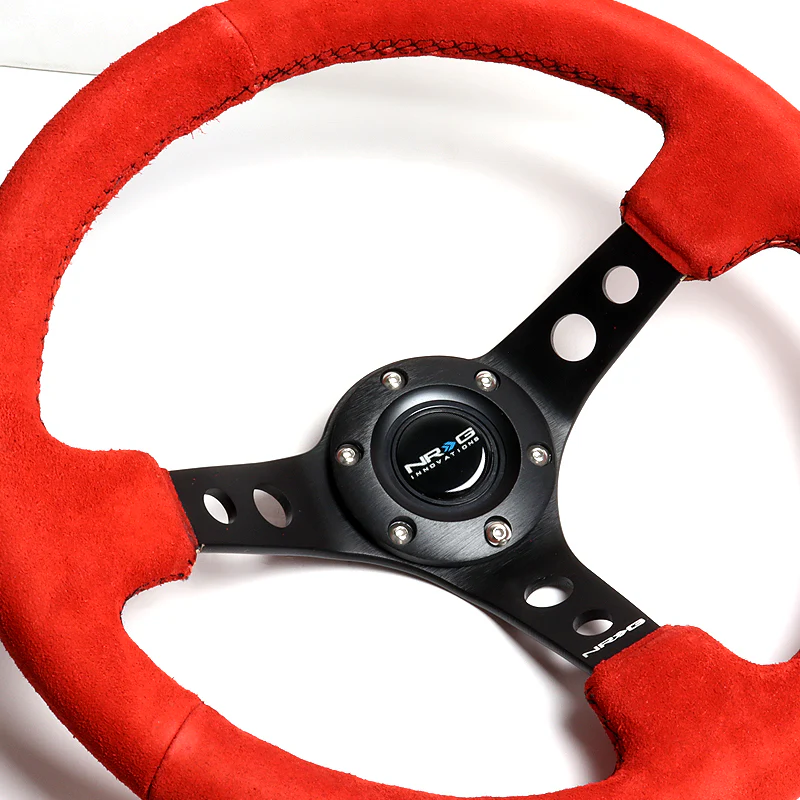NRG 14" 350mm 6-Bolt Hole Red Suede Grip With Aluminum Finished 3-Spoke 3.5 Inches Deep Dish Racing Steering Wheel RST-006S-RR -Black Center - Image 3