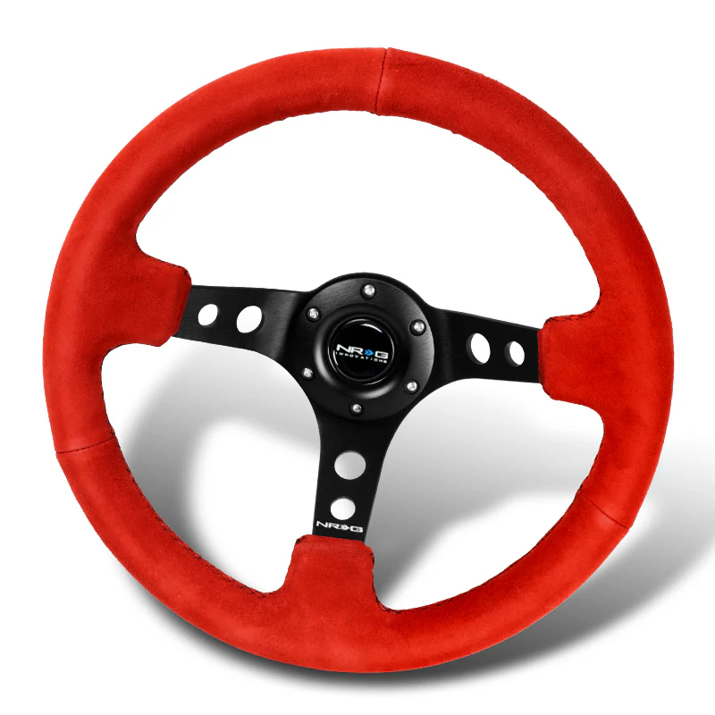 NRG 14" 350mm 6-Bolt Hole Red Suede Grip With Aluminum Finished 3-Spoke 3.5 Inches Deep Dish Racing Steering Wheel RST-006S-RR -Black Center - Image 4