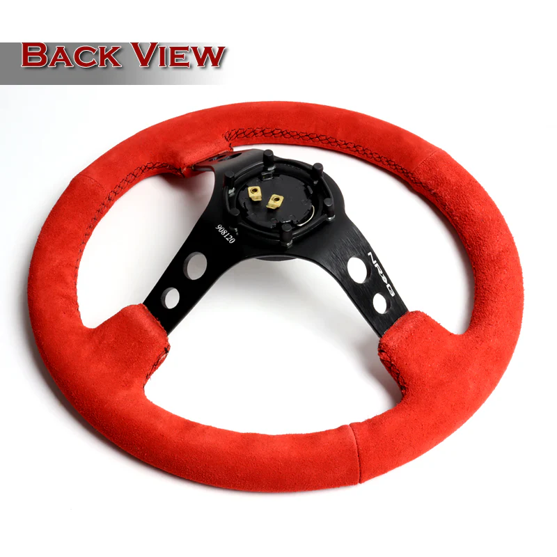NRG 14" 350mm 6-Bolt Hole Red Suede Grip With Aluminum Finished 3-Spoke 3.5 Inches Deep Dish Racing Steering Wheel RST-006S-RR -Black Center - Image 5