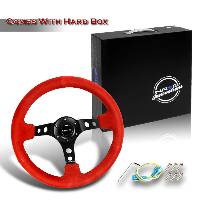 NRG 14" 350mm 6-Bolt Hole Red Suede Grip With Aluminum Finished 3-Spoke 3.5 Inches Deep Dish Racing Steering Wheel RST-006S-RR -Black Center - Image 6