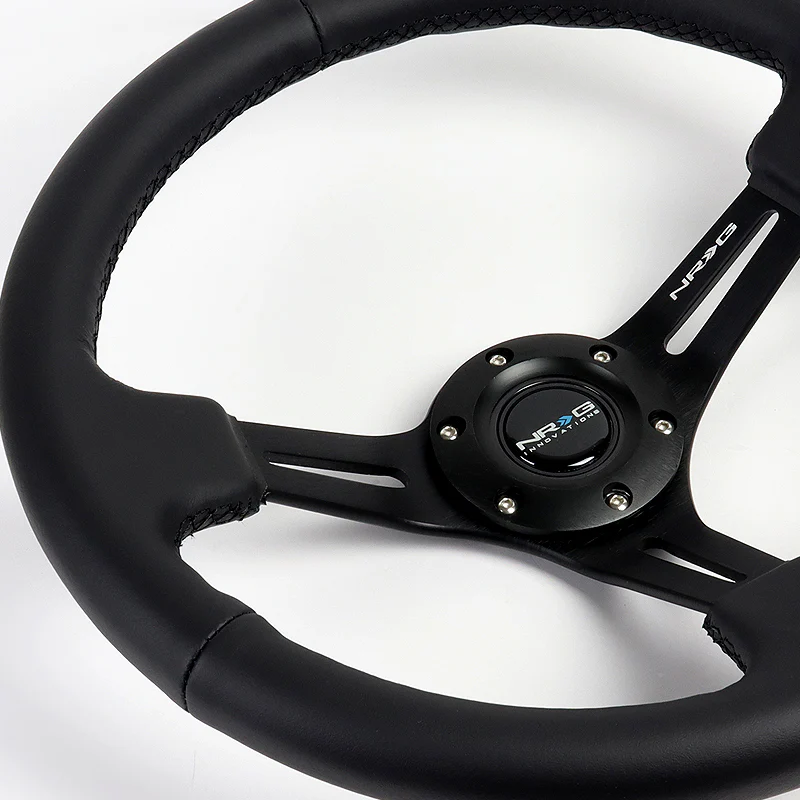 NRG 14" 350mm 6-Bolt Hole Reinforced Sport Black Leather Grip With Aluminum Finished 3-Spoke 3 Inch Deep Dish Steering Wheel RST-018R -Black Spoke - Image 3