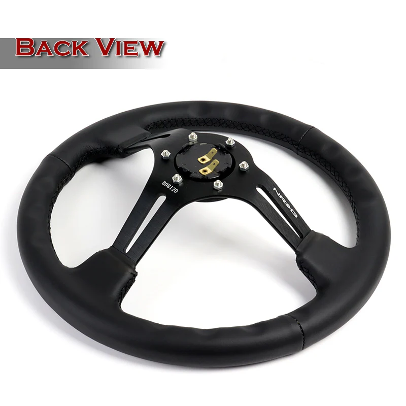 NRG 14" 350mm 6-Bolt Hole Reinforced Sport Black Leather Grip With Aluminum Finished 3-Spoke 3 Inch Deep Dish Steering Wheel RST-018R -Black Spoke - Image 4