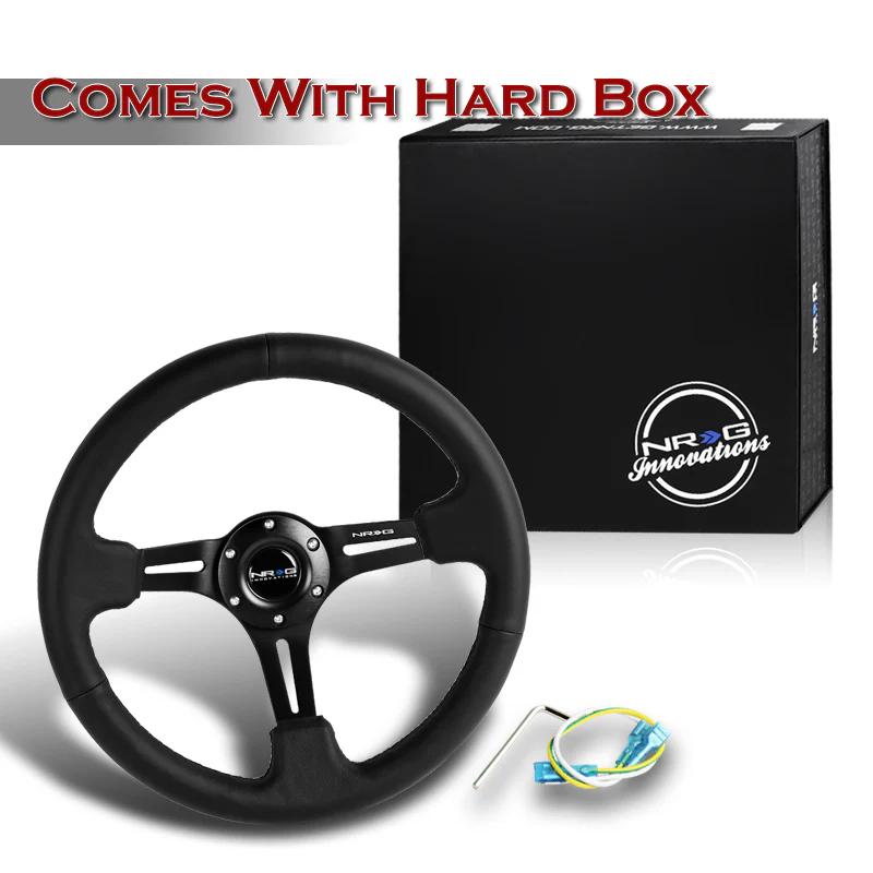 NRG 14" 350mm 6-Bolt Hole Reinforced Sport Black Leather Grip With Aluminum Finished 3-Spoke 3 Inch Deep Dish Steering Wheel RST-018R -Black Spoke - Image 5