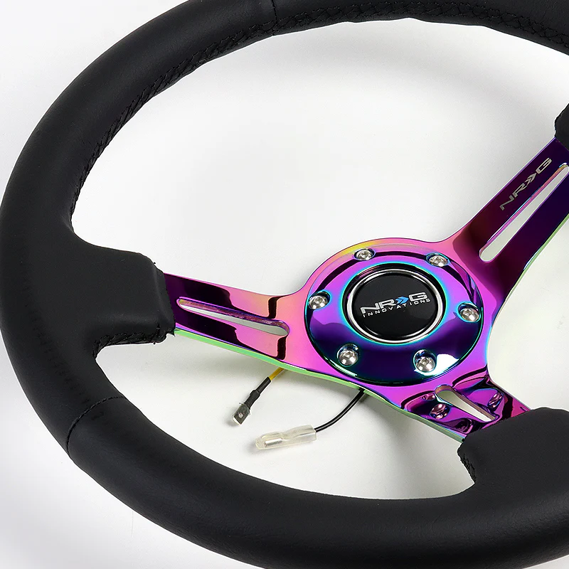 NRG 13.75" 350mm 6-Bolt Hole Black Leather Grip With Aluminum Finished 3-Spoke 3 Inch Deep Dish Steering Wheel RST-018R-MCBS -Neo Chrome Spoke - Image 3