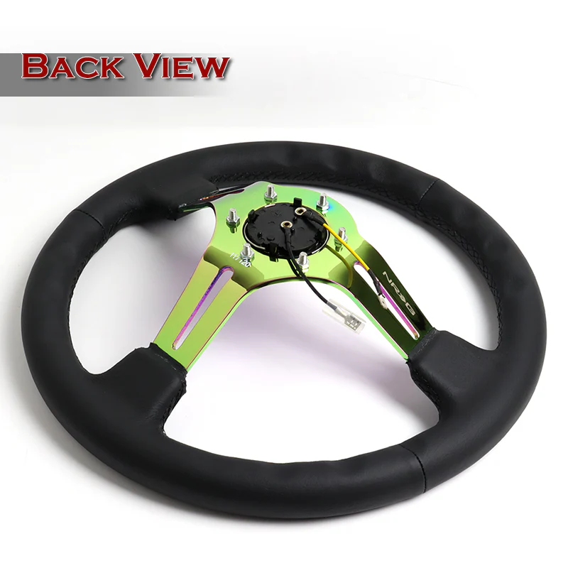 NRG 13.75" 350mm 6-Bolt Hole Black Leather Grip With Aluminum Finished 3-Spoke 3 Inch Deep Dish Steering Wheel RST-018R-MCBS -Neo Chrome Spoke - Image 4
