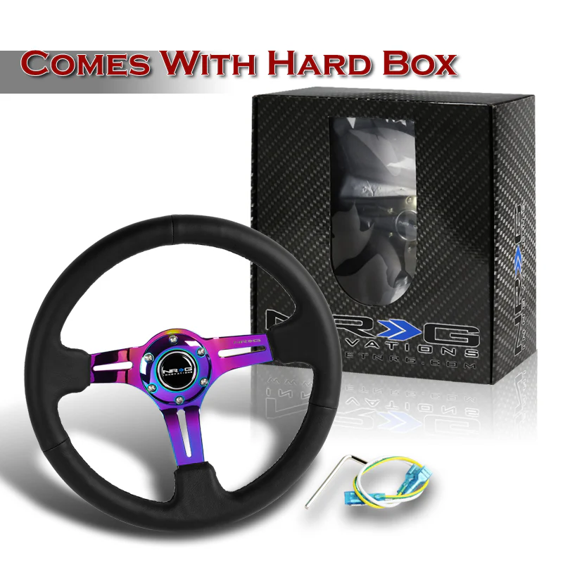NRG 13.75" 350mm 6-Bolt Hole Black Leather Grip With Aluminum Finished 3-Spoke 3 Inch Deep Dish Steering Wheel RST-018R-MCBS -Neo Chrome Spoke - Image 5