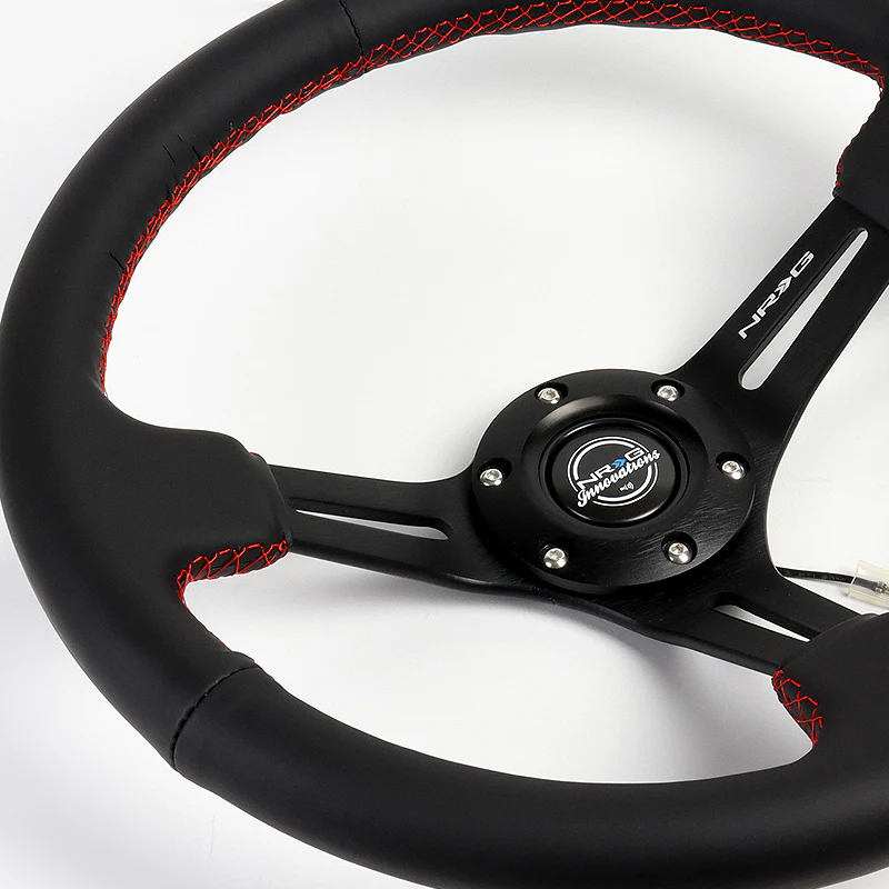 NRG 14" 350mm 6-Bolt Hole Black Leather Red Stitch Grip With Aluminum Finished 3-Spoke 3 Inch Deep Dish Steering Wheel RST-018R-RS -Black Spoke - Image 3
