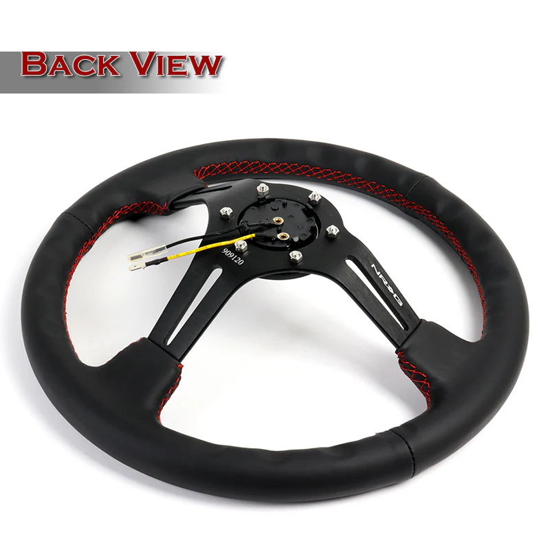 NRG 14" 350mm 6-Bolt Hole Black Leather Red Stitch Grip With Aluminum Finished 3-Spoke 3 Inch Deep Dish Steering Wheel RST-018R-RS -Black Spoke - Image 4