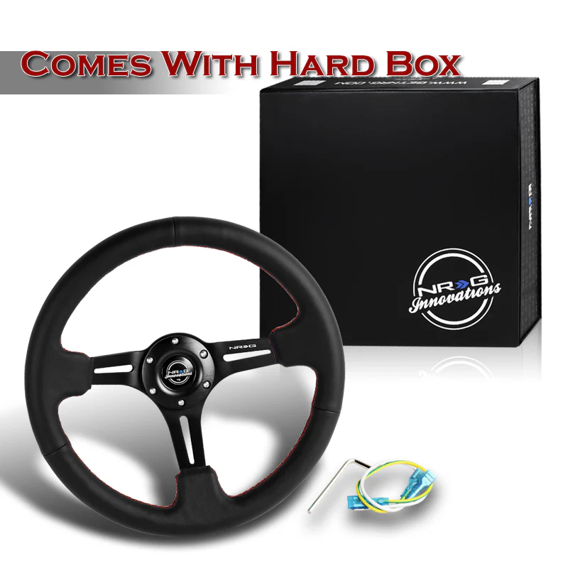NRG 14" 350mm 6-Bolt Hole Black Leather Red Stitch Grip With Aluminum Finished 3-Spoke 3 Inch Deep Dish Steering Wheel RST-018R-RS -Black Spoke - Image 5