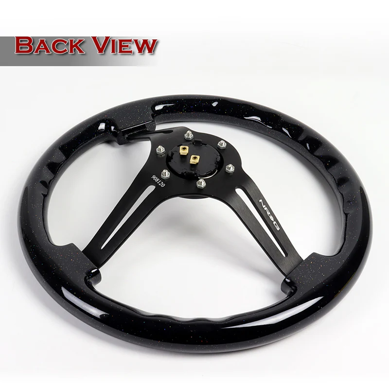 NRG 14" 350mm 6-Bolt Hole Sparkle Black Wood Grip With Aluminum Finished 3-Spoke 3 Inch Deep Dish Steering Wheel RST-018BSB-BK -Black Spoke - Image 4