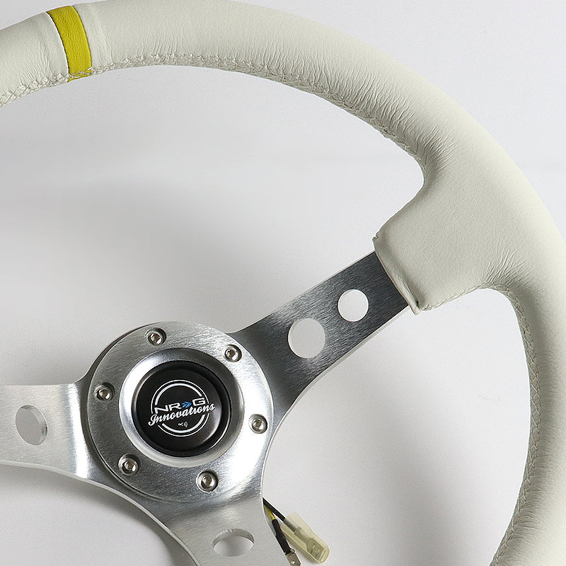 NRG 13.5" 350mm 6-Bolt Hole White Leather Grip With Aluminum Finished 3-Spoke 3.5 Inches Deep Dish Racing Steering Wheel RST-006WT-Y -Silver Center - Image 3