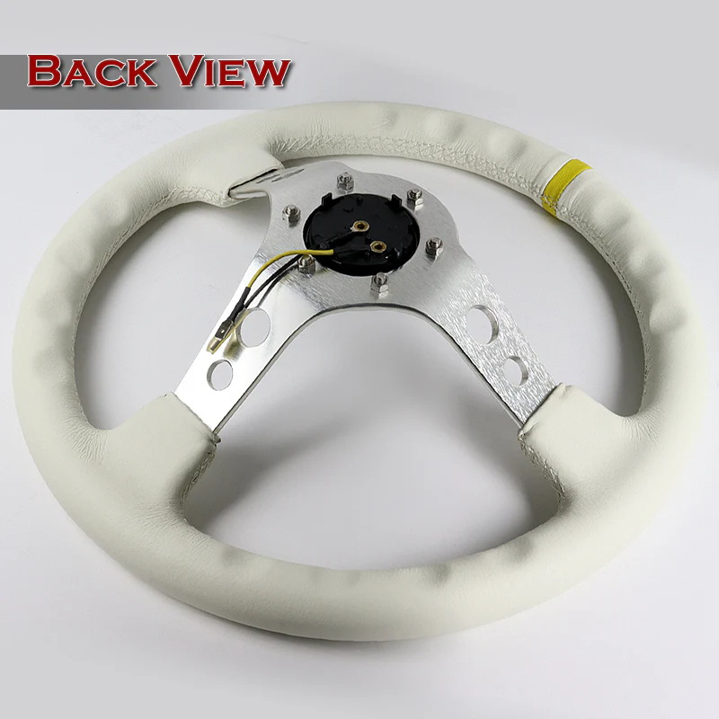 NRG 13.5" 350mm 6-Bolt Hole White Leather Grip With Aluminum Finished 3-Spoke 3.5 Inches Deep Dish Racing Steering Wheel RST-006WT-Y -Silver Center - Image 4