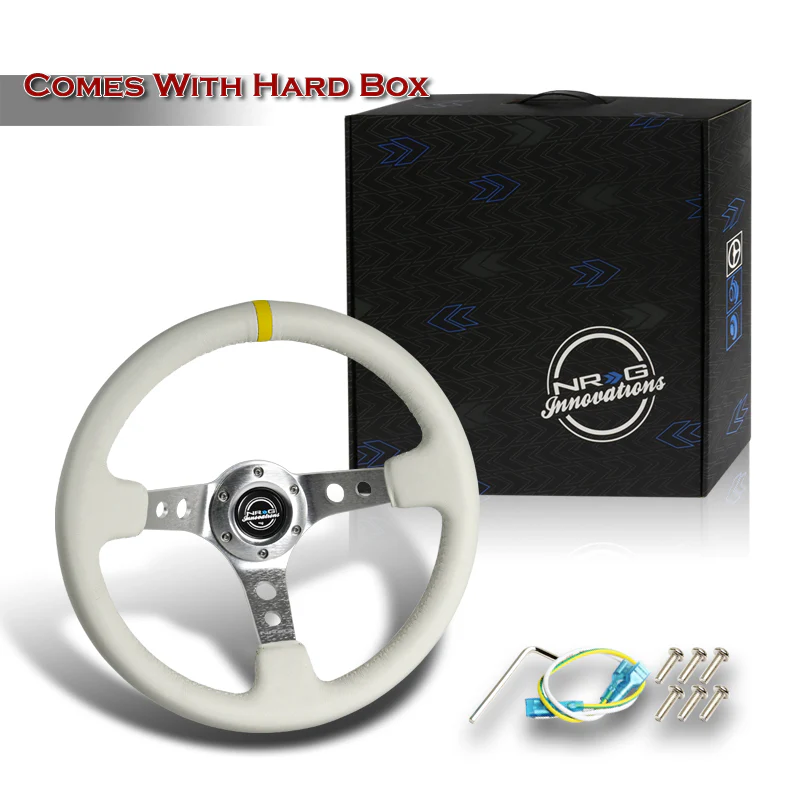 NRG 13.5" 350mm 6-Bolt Hole White Leather Grip With Aluminum Finished 3-Spoke 3.5 Inches Deep Dish Racing Steering Wheel RST-006WT-Y -Silver Center - Image 5