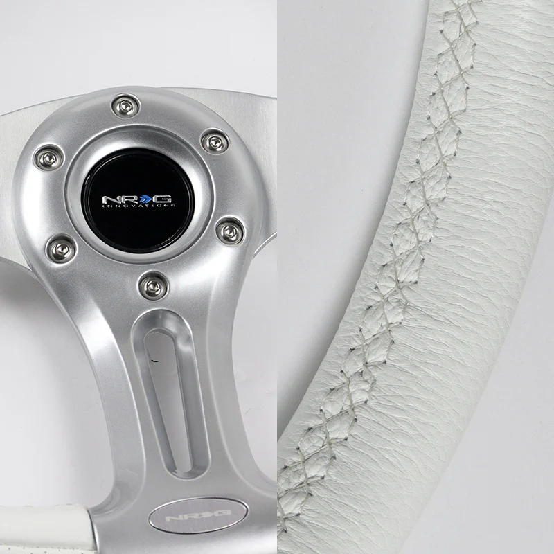 NRG 14" 350mm 6-Bolt Hole White Leather White Stitch Grip Aluminum Finished 3-Spoke Steering Wheel ST-013WT -Silver Spoke - Image 3