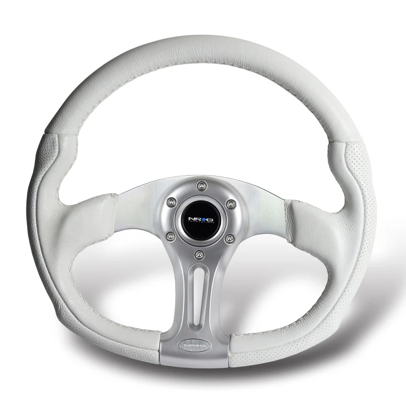 NRG 14" 350mm 6-Bolt Hole White Leather White Stitch Grip Aluminum Finished 3-Spoke Steering Wheel ST-013WT -Silver Spoke - Image 4