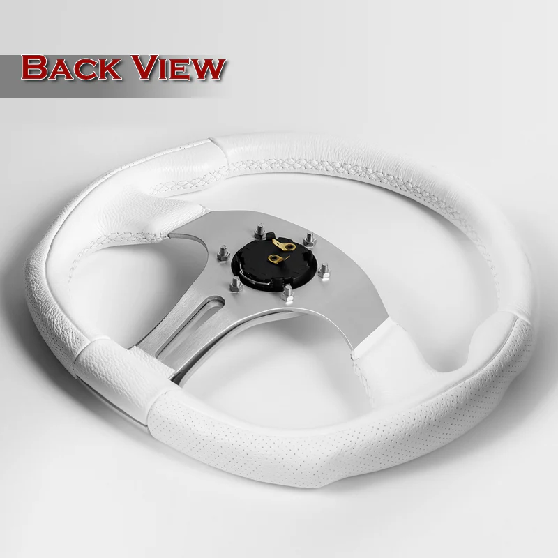 NRG 14" 350mm 6-Bolt Hole White Leather White Stitch Grip Aluminum Finished 3-Spoke Steering Wheel ST-013WT -Silver Spoke - Image 5