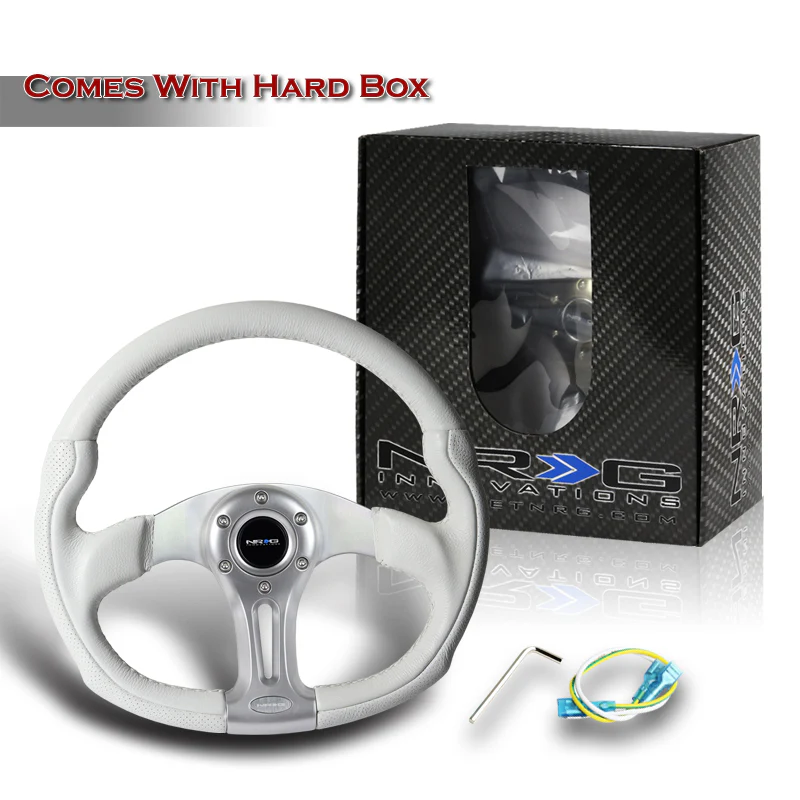 NRG 14" 350mm 6-Bolt Hole White Leather White Stitch Grip Aluminum Finished 3-Spoke Steering Wheel ST-013WT -Silver Spoke - Image 6