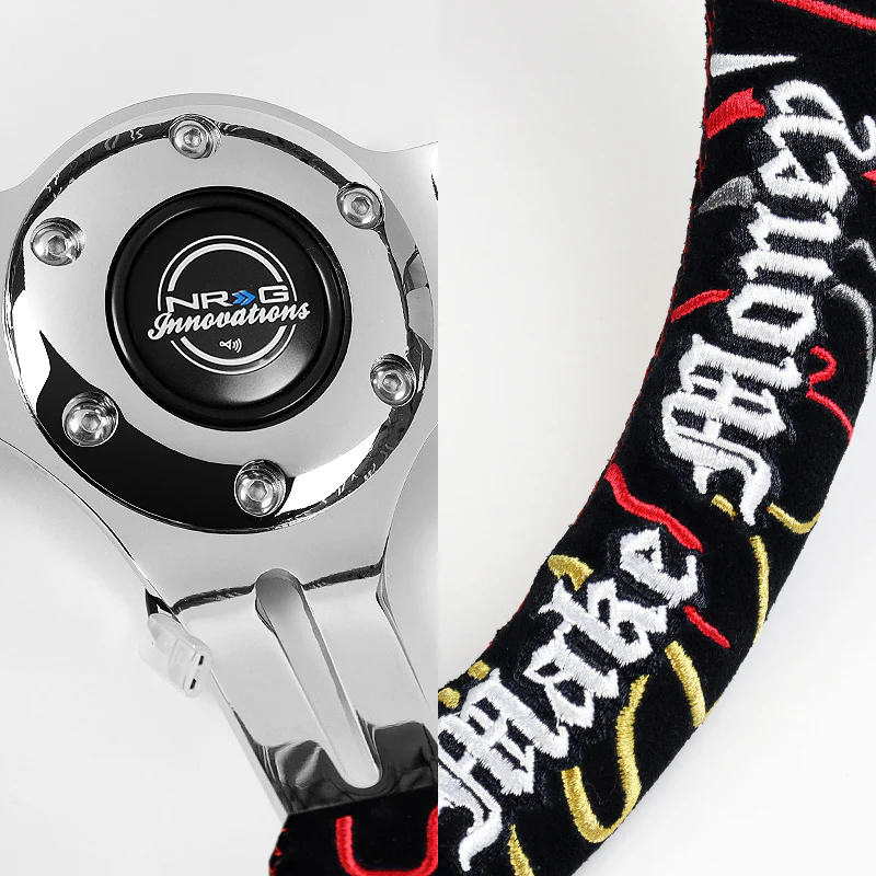 NRG 14" 350mm Ryan Litteral 6-Bolt Hole V3 Black Suede Grip With Aluminum Finished 3-Spoke 3 Inch Deep Dish Steering Wheel RST-018CH-RLB -Chrome Spoke - Image 3