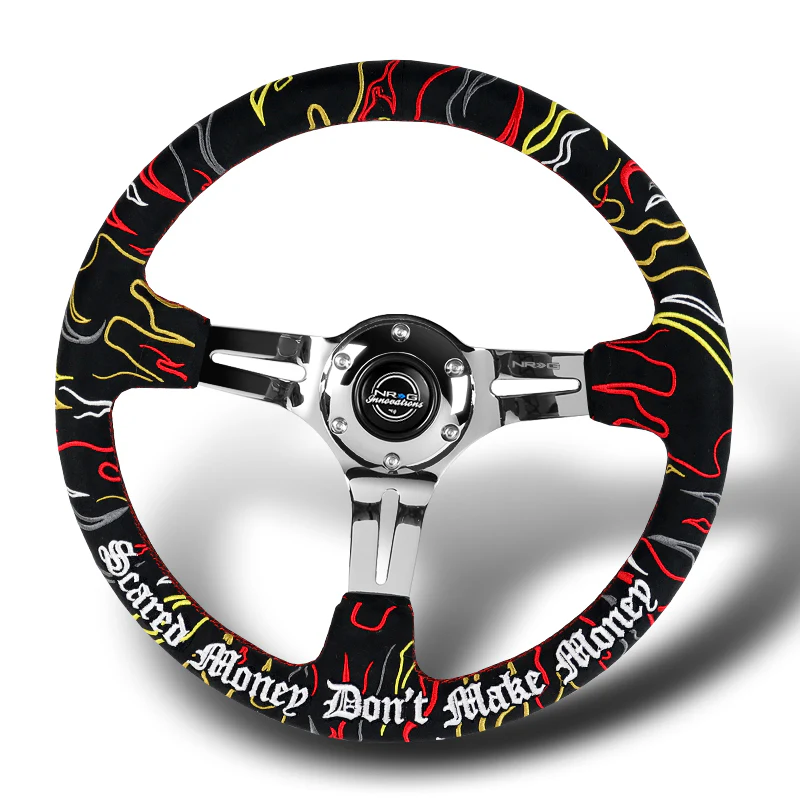 NRG 14" 350mm Ryan Litteral 6-Bolt Hole V3 Black Suede Grip With Aluminum Finished 3-Spoke 3 Inch Deep Dish Steering Wheel RST-018CH-RLB -Chrome Spoke - Image 4