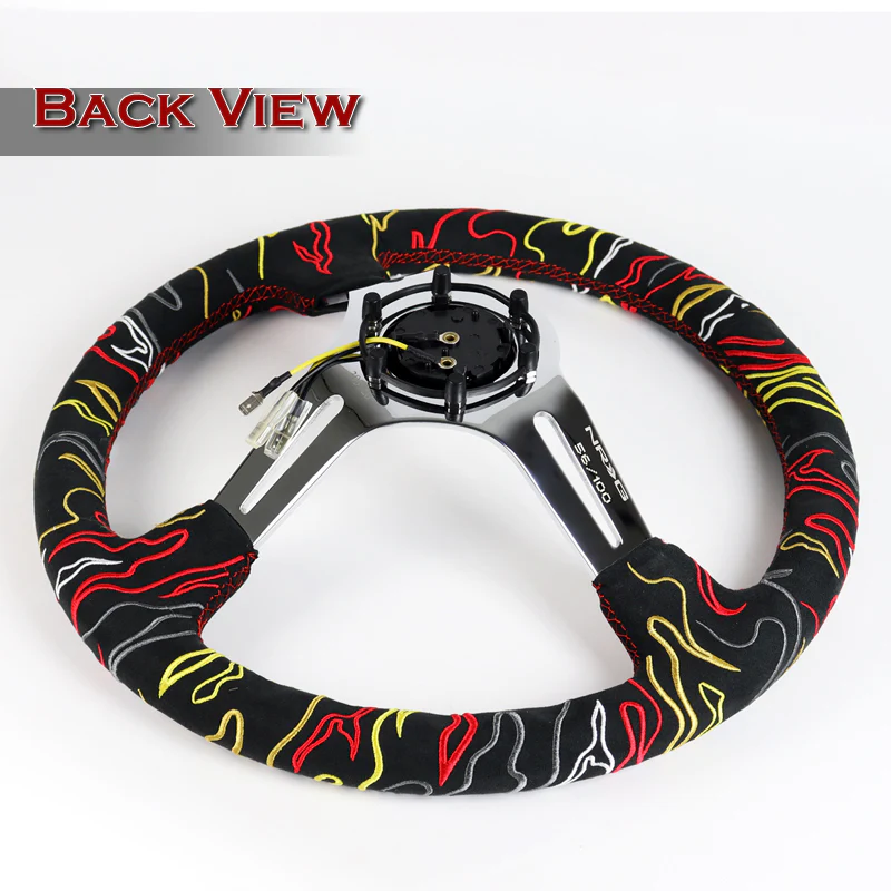 NRG 14" 350mm Ryan Litteral 6-Bolt Hole V3 Black Suede Grip With Aluminum Finished 3-Spoke 3 Inch Deep Dish Steering Wheel RST-018CH-RLB -Chrome Spoke - Image 5