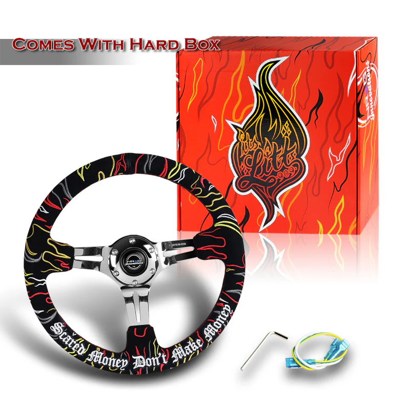 NRG 14" 350mm Ryan Litteral 6-Bolt Hole V3 Black Suede Grip With Aluminum Finished 3-Spoke 3 Inch Deep Dish Steering Wheel RST-018CH-RLB -Chrome Spoke - Image 6